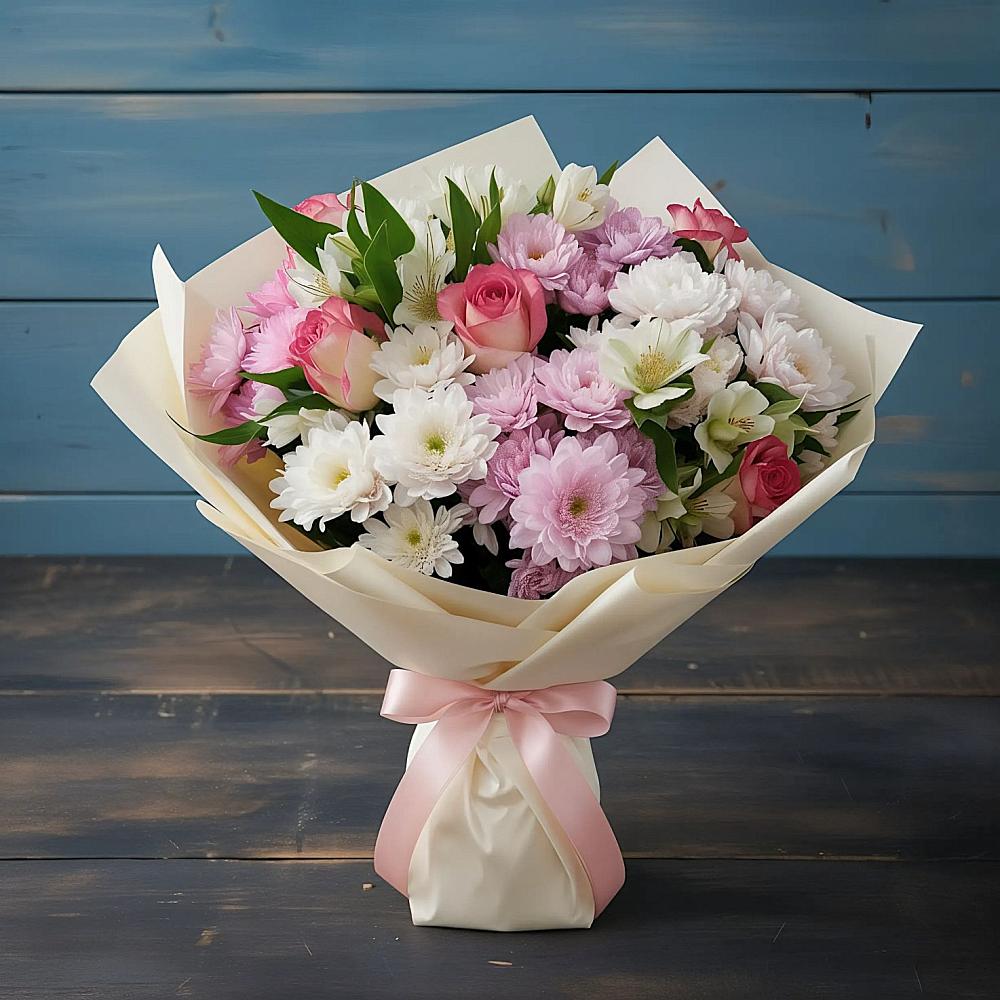 Букет цветов из: Хризантемы, Альстромерии и Розы в Рудне Волгоградской области